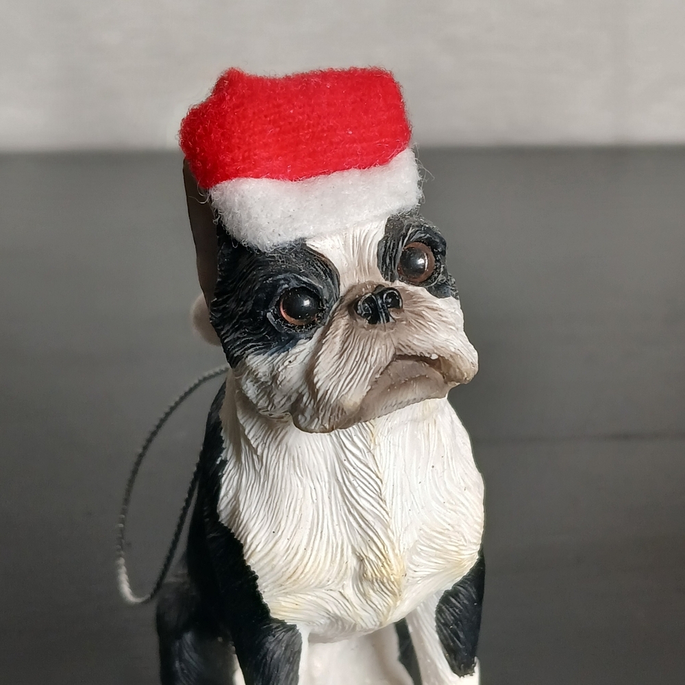 Sandicast Boston Terrier Dog  with Santa Hat Christmas Holiday Hanging Ornament
